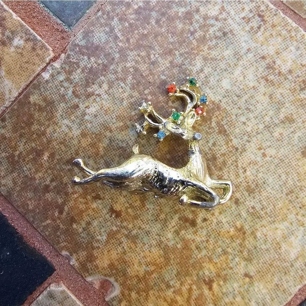 Vintage Christmas Reindeer Brooch with Colorful rhinestones